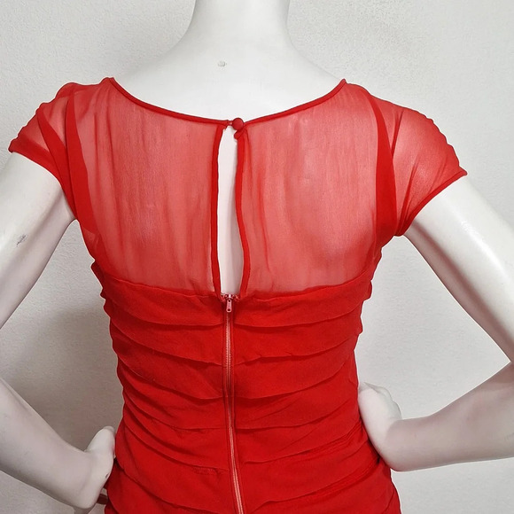 Carmen Marc Valvo Classic Red Romantic Cocktail Sheer Silk Feminine Midi Dress 6 - Picture 6 of 10